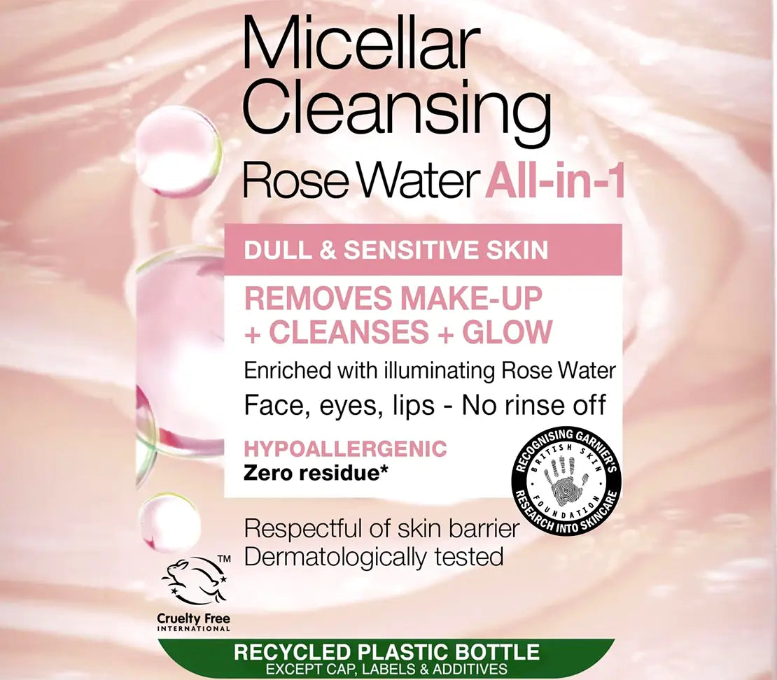 Garnier Micellar Rose Cleansing Water Skin Cleanser and Makeup Remover 400ml - Cared