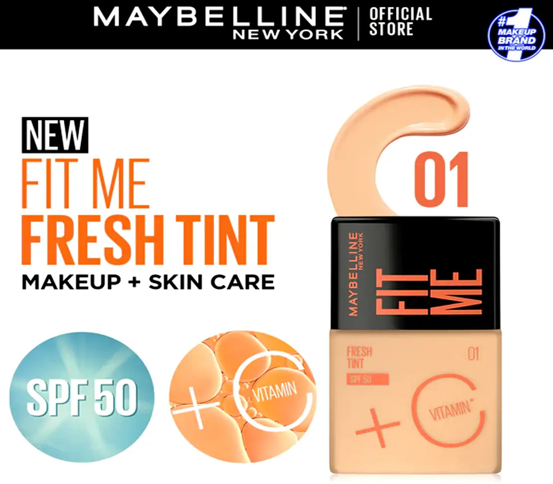 Maybelline Fit Me Fresh Tint with Vitamin C + SPF 50 - 30ml | Lightweight, Hydrating Coverage in Shade 01 for a Natural, Radiant Finish