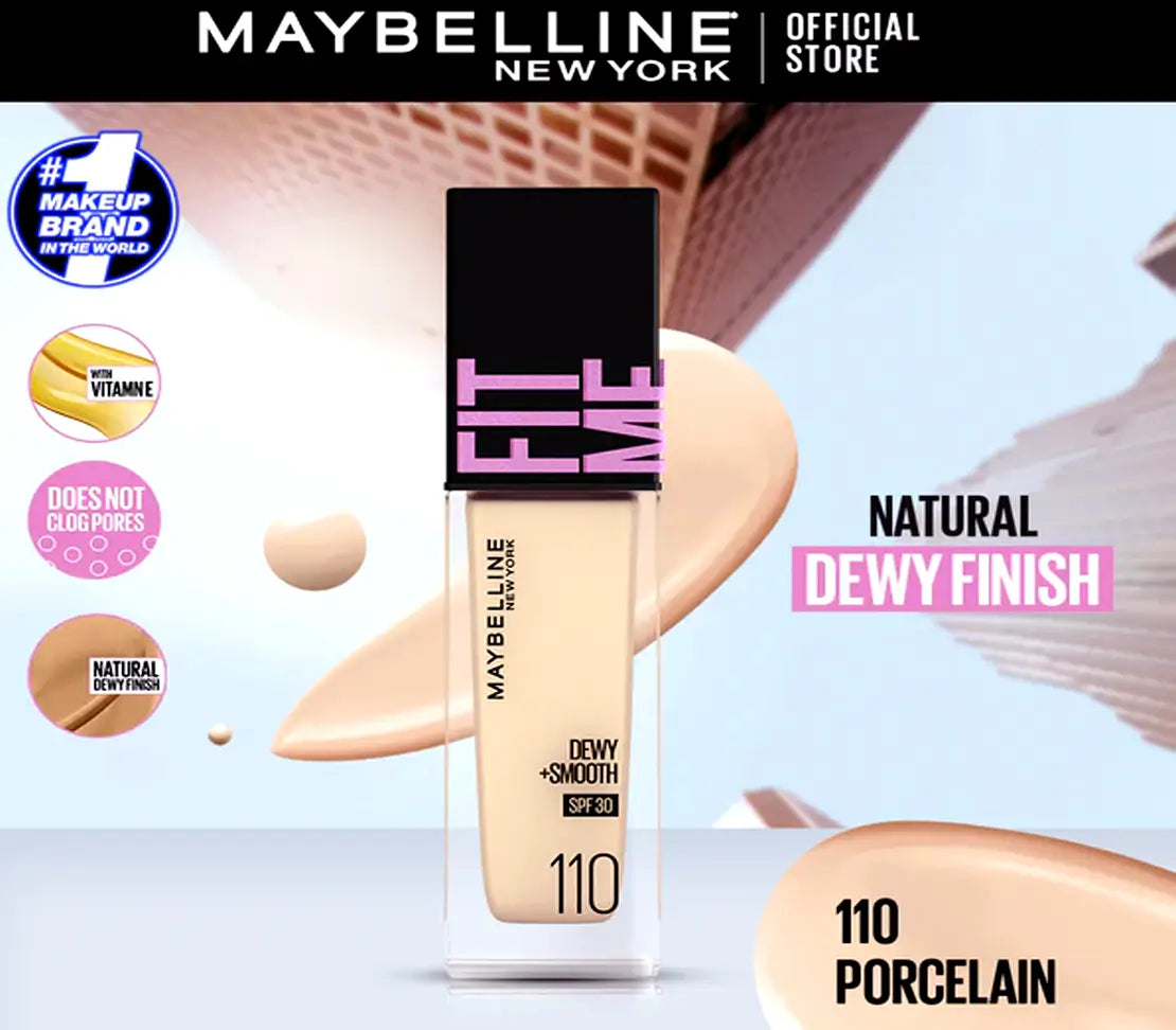 Maybelline NY Fit Me Dewy + Smooth Foundation SPF 23 - 110 Porcelain 30ml | Hydrating Makeup for Normal to Dry Skin | Perfect Natural Glow