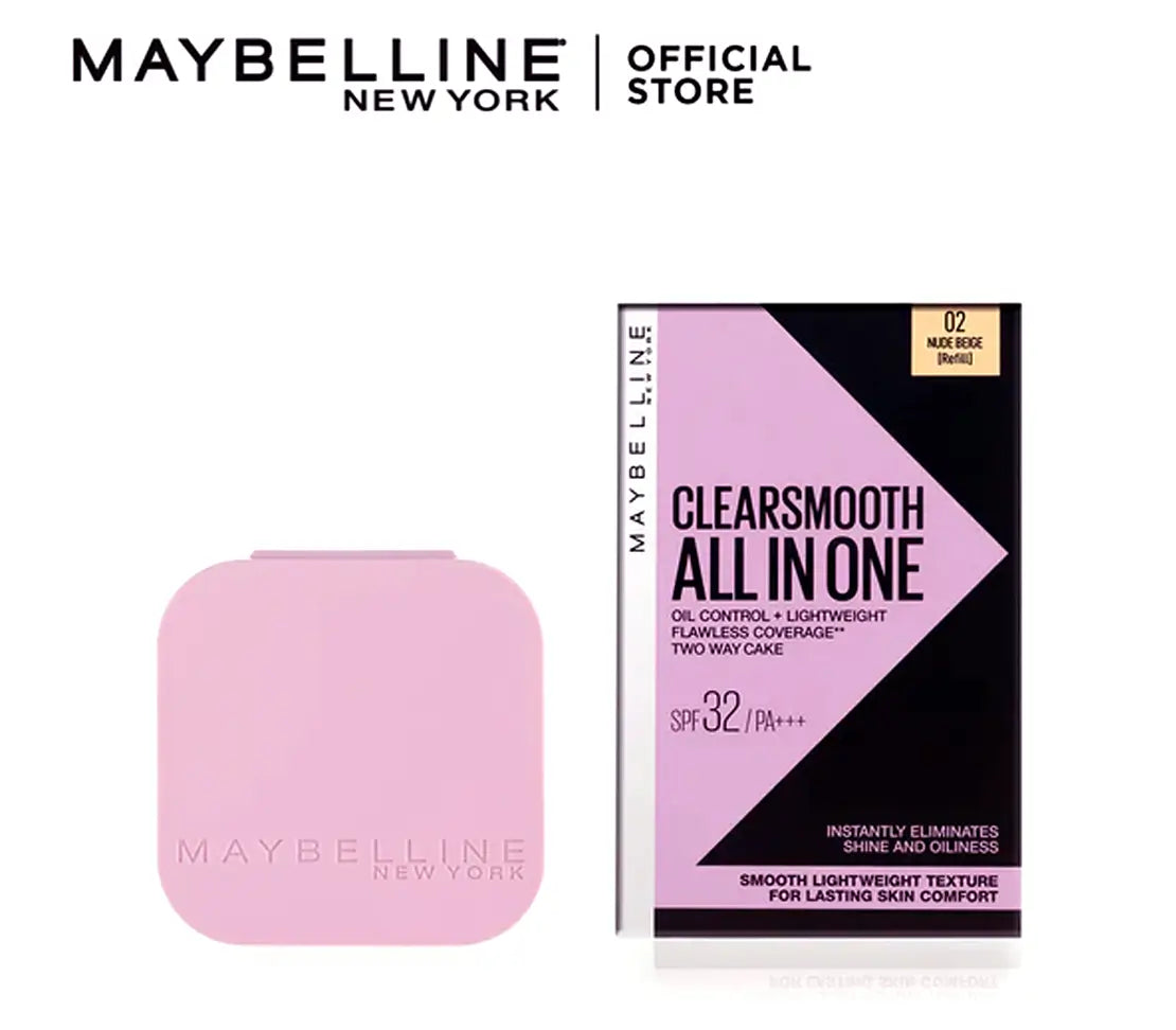 Maybelline New York Clear Smooth All In One Powder Foundation - 02 Nude Beige | Shine-Free, Lightweight Coverage for a Natural Matte Finish